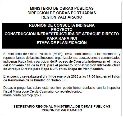 REUNIÓN DE CONSULTA INDÍGENA PROYECTO CONSTRUCCIÓN INFRAESTRUCTURA DE ATRAQUE DIRECTO PARA RAPA NUI ETAPA DE PLANIFICACIÓN